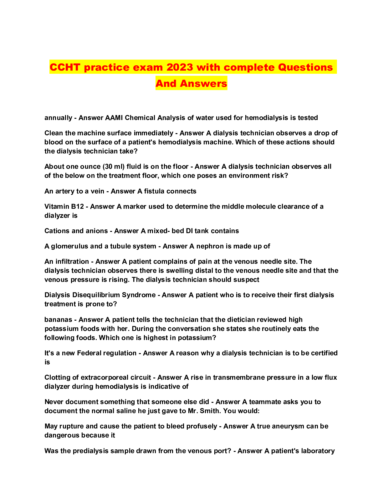 Preview image for CCHT practice exam 2023 with complete Questions And Answers
